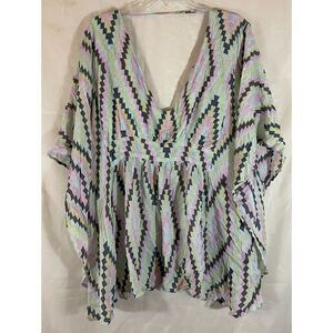 Gilla‎ Pastel Geometric Print Batwing Sleeve V-Neck Boho Tunic Top Small